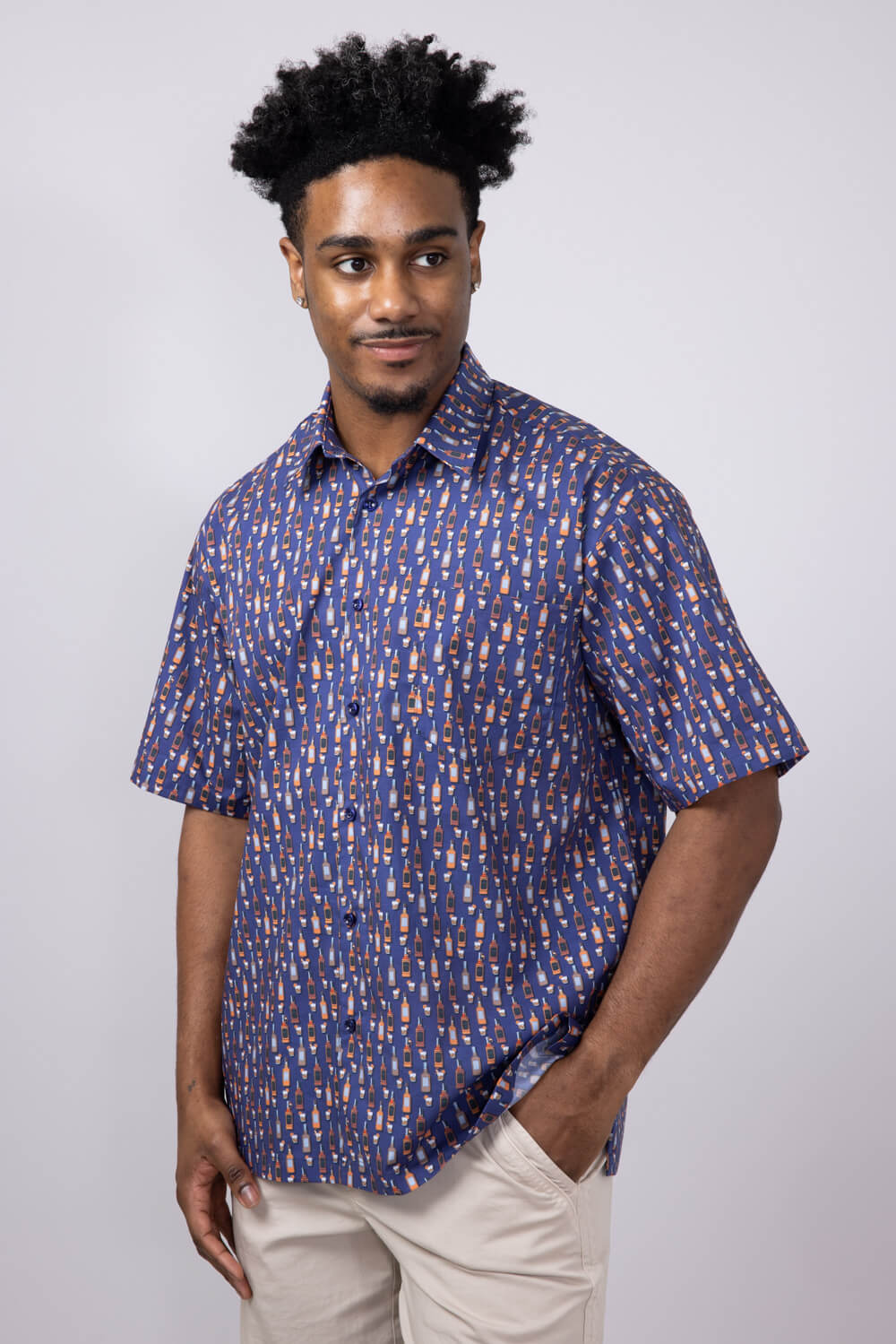 Cotton Button Down Whiskey Shirt for Men in Navy