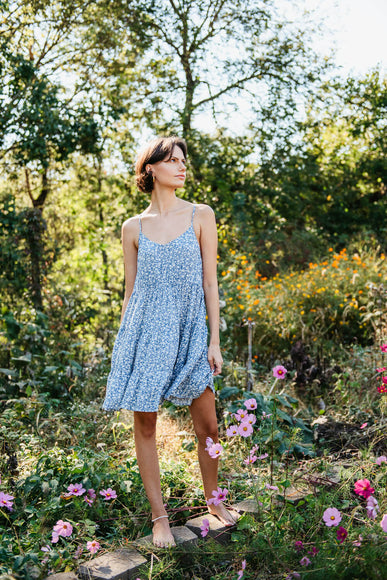 Floral Tiered Short Dress for Women in Blue