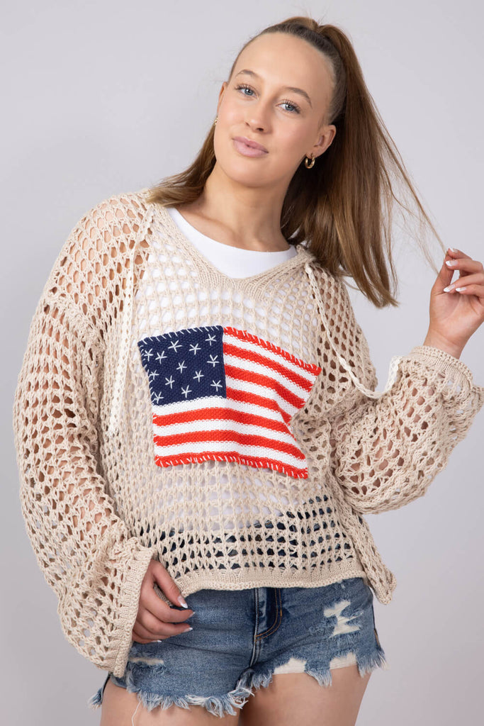 Ameri　CROCHET LONG KNIT Women's American Flag Crochet Sweater Long Sleeve Hollow Out