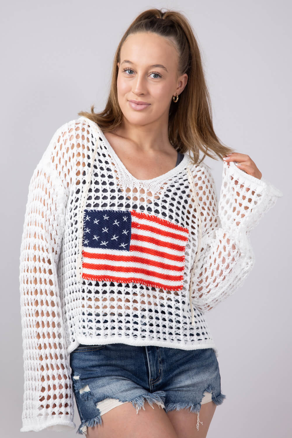 Crochet American Flag Hooded Sweater for Women in Ivory