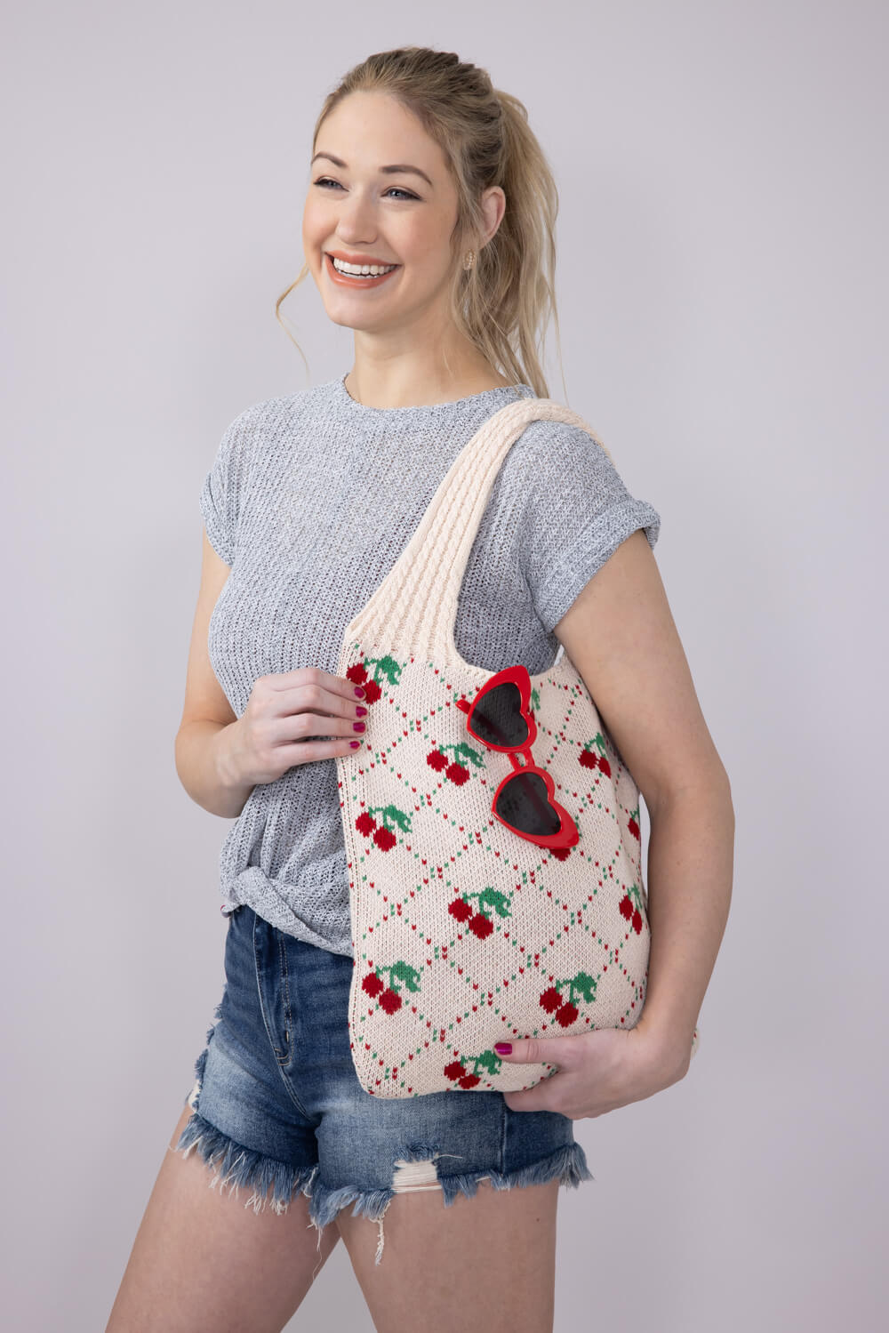 Crochet Cherry Market Bag for Women in Cream