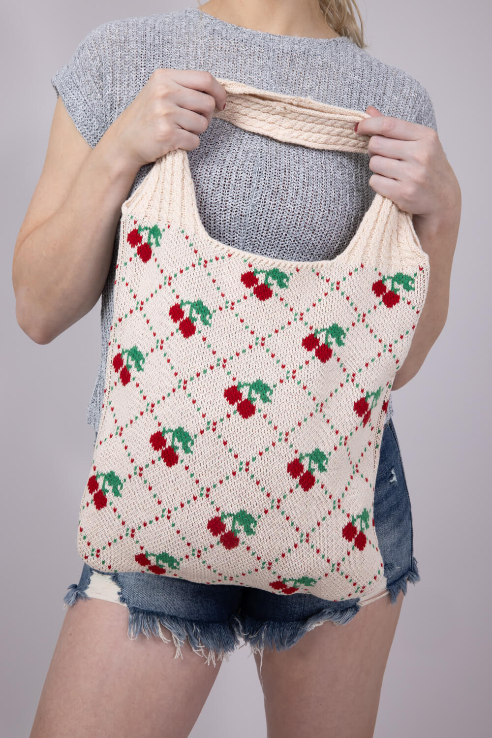 Crochet Cherry Market Bag for Women in Cream