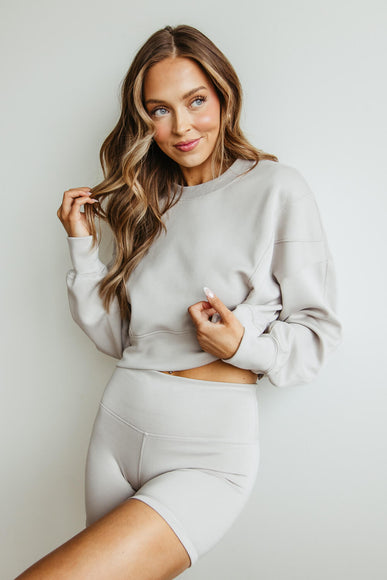 Crop Long Sleeve Top with Biker Short Matching Set for Women in Stone