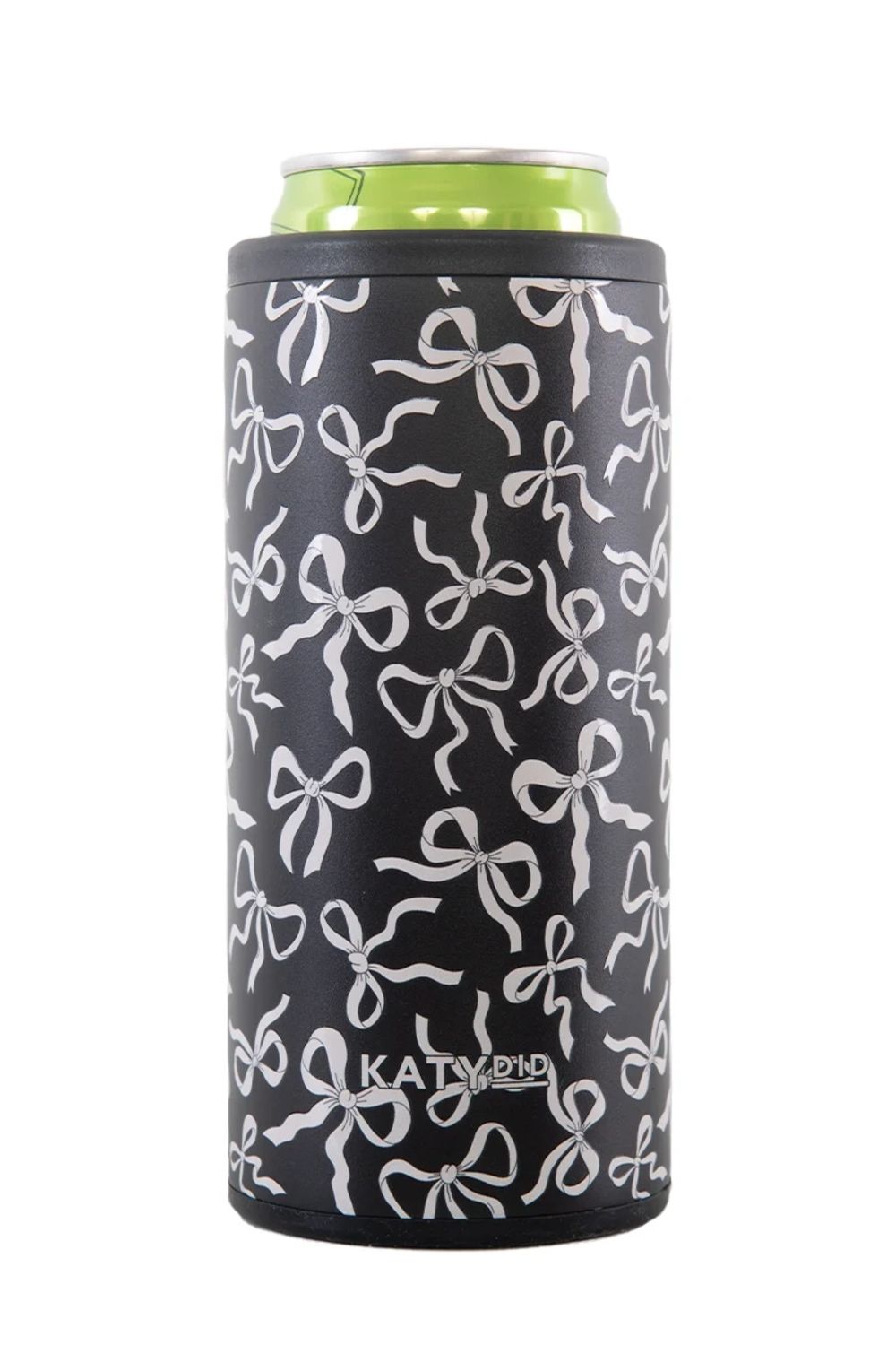 A black can cooler sleeve with a white bow pattern, holding a green can, on a white background.