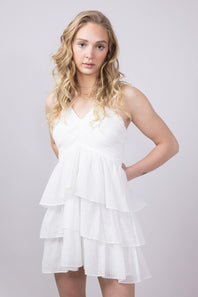 Gingham Ruched Halter Tiered Mini Dress for Women in Off White