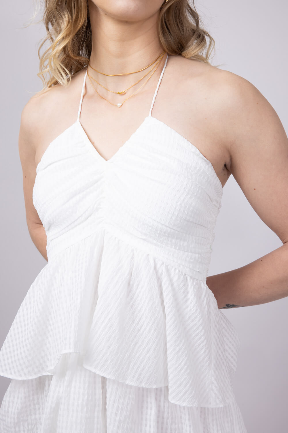 Gingham Ruched Halter Tiered Mini Dress for Women in Off White