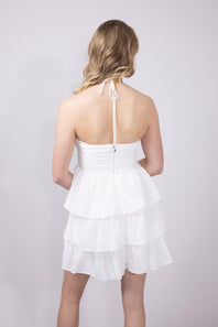 Gingham Ruched Halter Tiered Mini Dress for Women in Off White