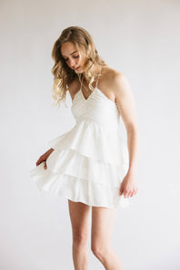 Gingham Ruched Halter Tiered Mini Dress for Women in Off White