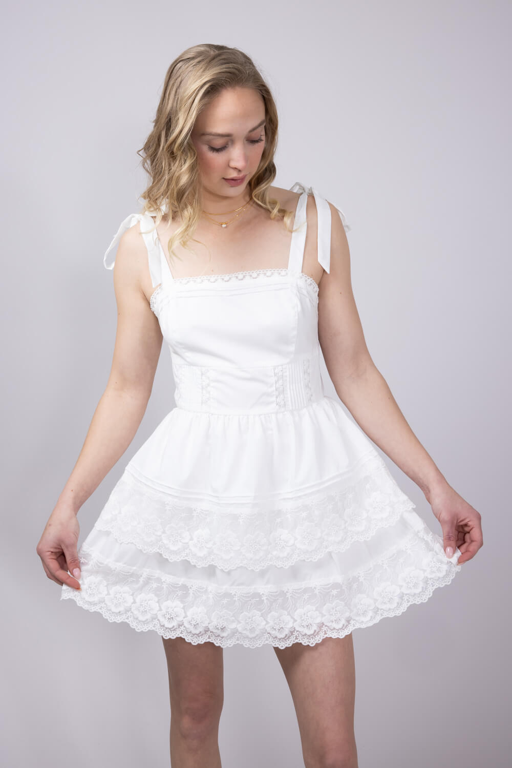 Shoulder Tie Tiered Mini Dress for Women in Off White