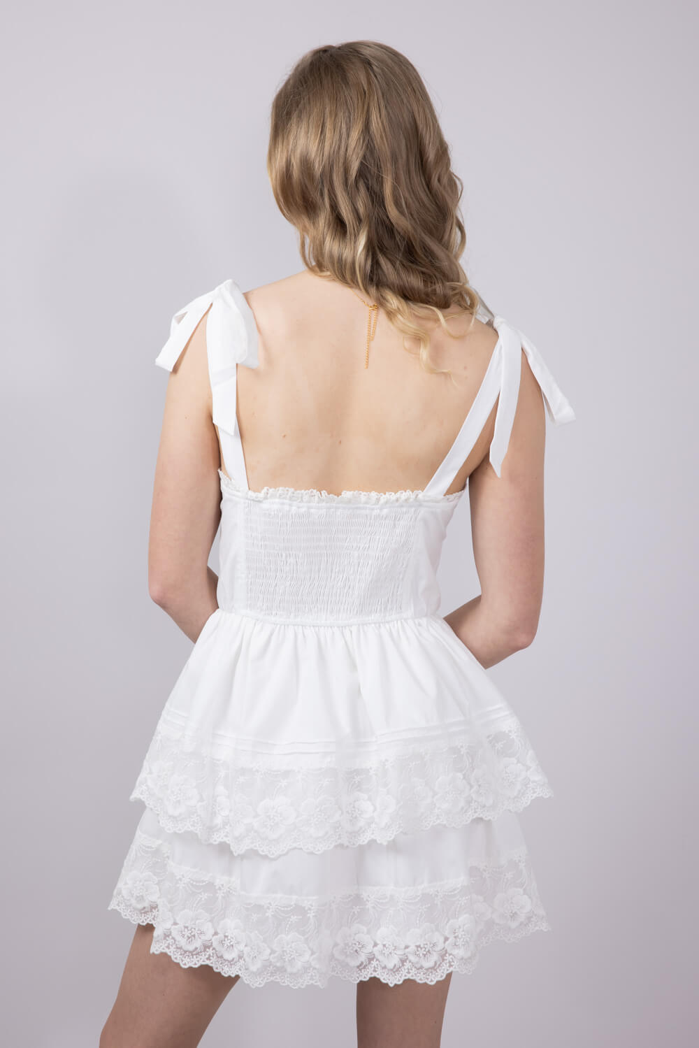 Shoulder Tie Tiered Mini Dress for Women in Off White