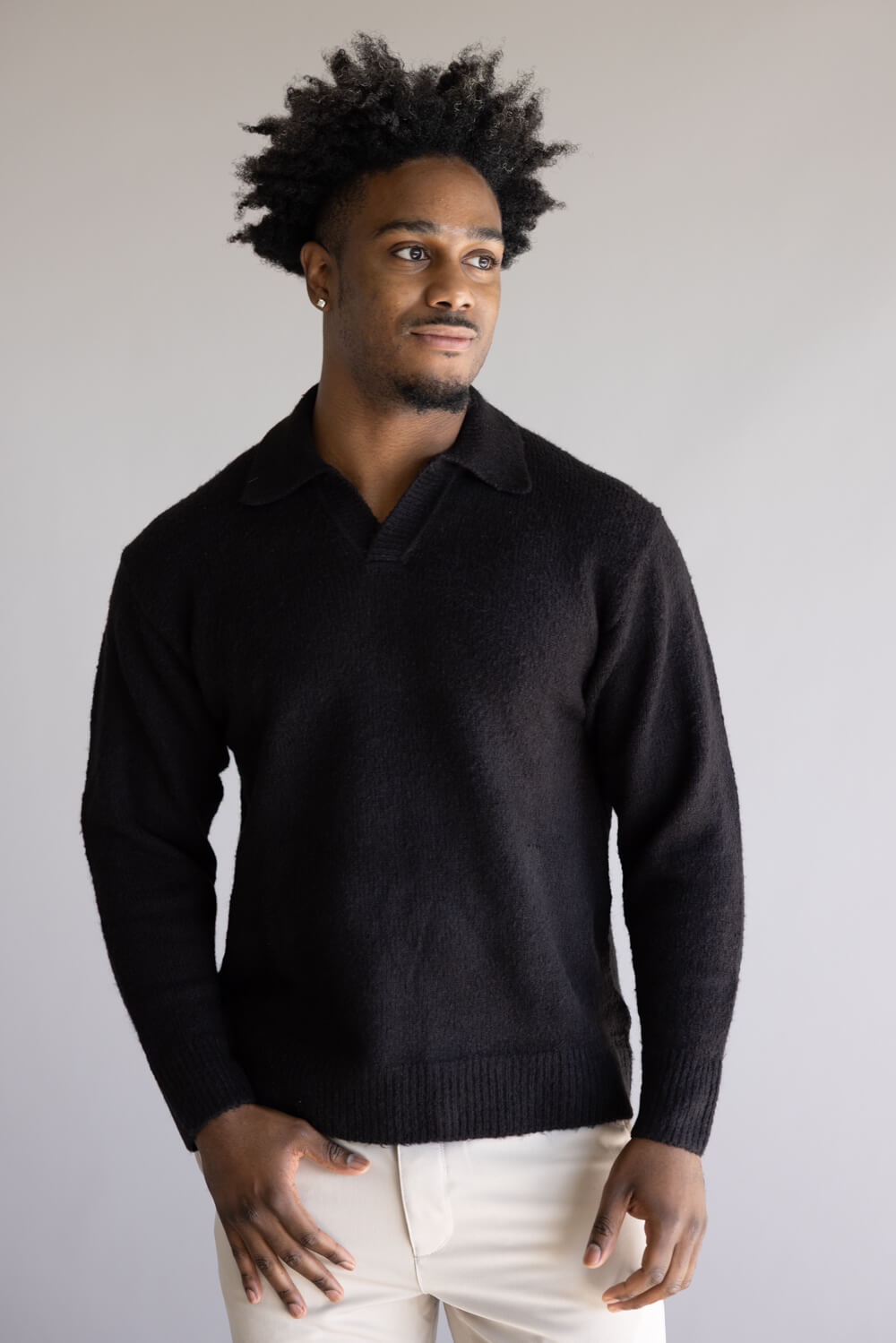 Denim & Flower Johnny Collar Sweater for Men in Black 
