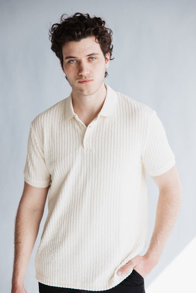 Denim & Flower Textured Polo Shirt for Men in Off White