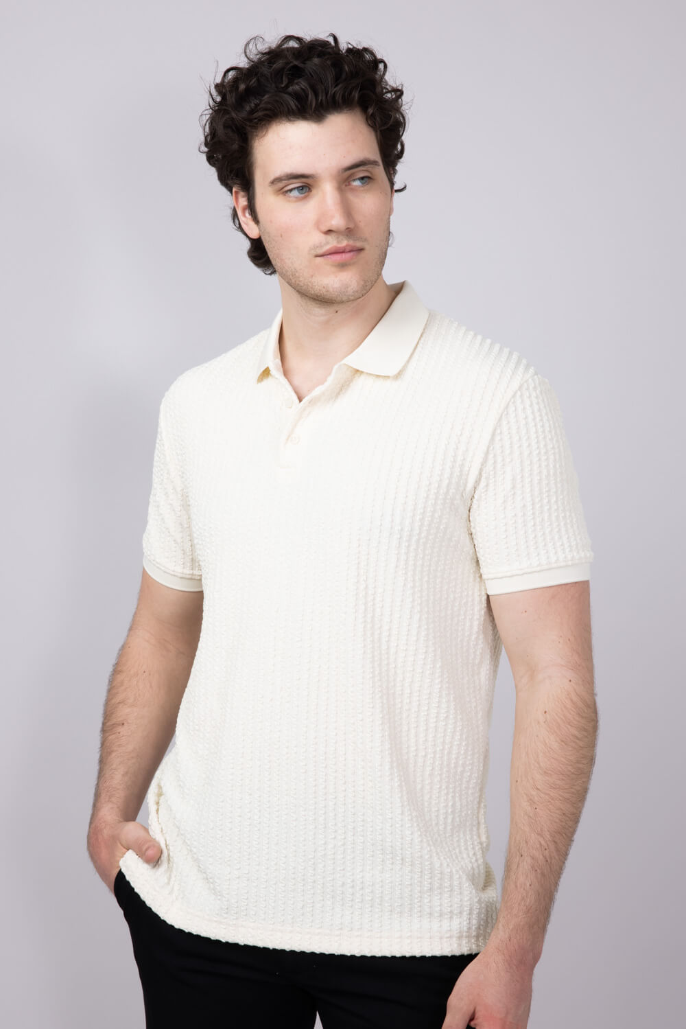 Denim & Flower Textured Polo Shirt for Men in Off White