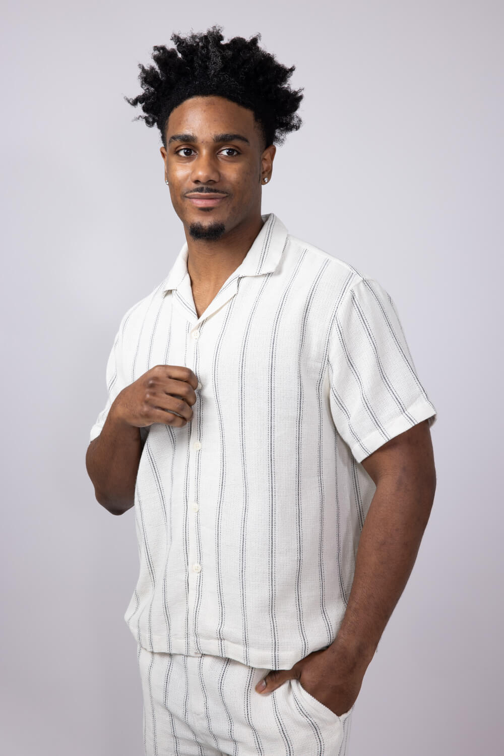 Denim & Flower Textured Striped Button Up Shirt for Men in Off