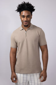 Denim & Flower Textured Zip Polo Shirt for Men in Taupe