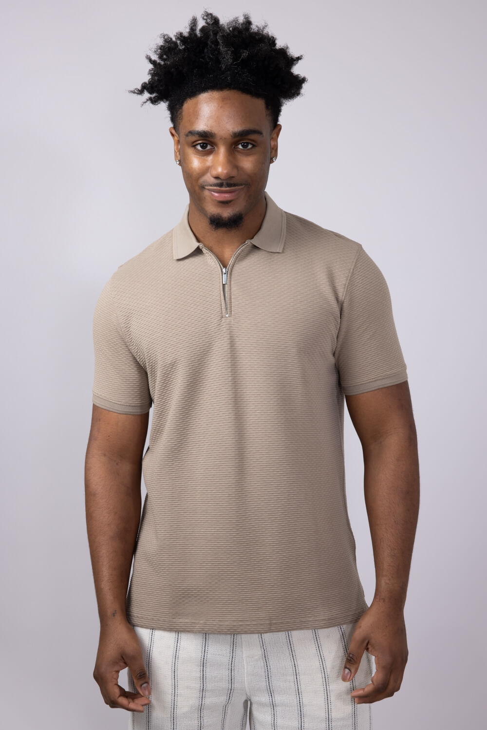 Denim & Flower Textured Zip Polo Shirt for Men in Taupe