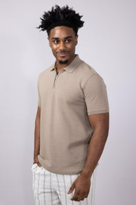 Denim & Flower Textured Zip Polo Shirt for Men in Taupe