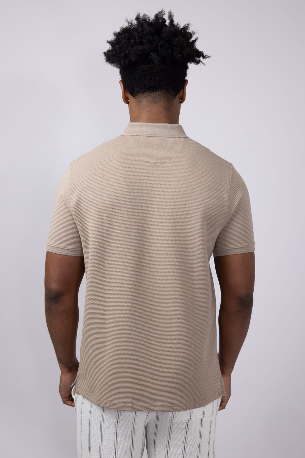 Denim & Flower Textured Zip Polo Shirt for Men in Taupe