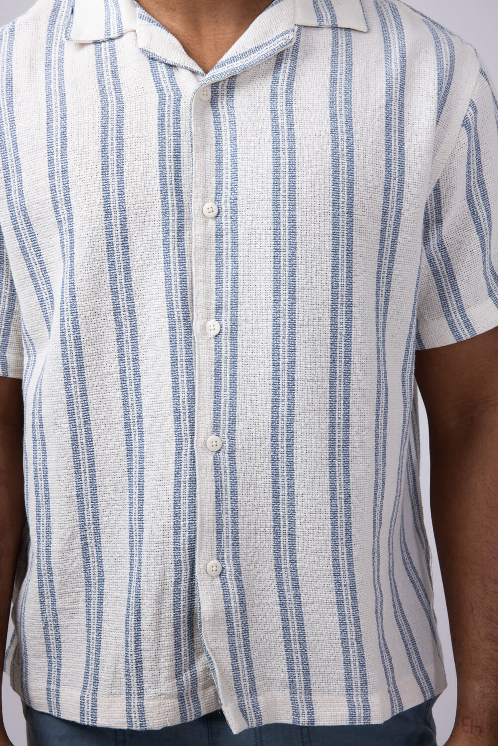Denim & Flower Textured Striped Button Up Shirt for Men in