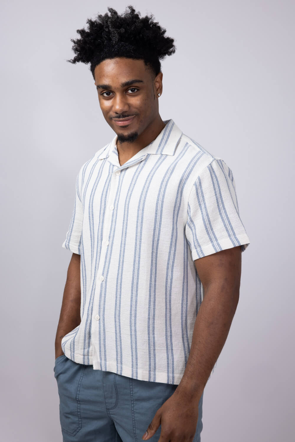 Denim & Flower Textured Striped Button Up Shirt for Men in