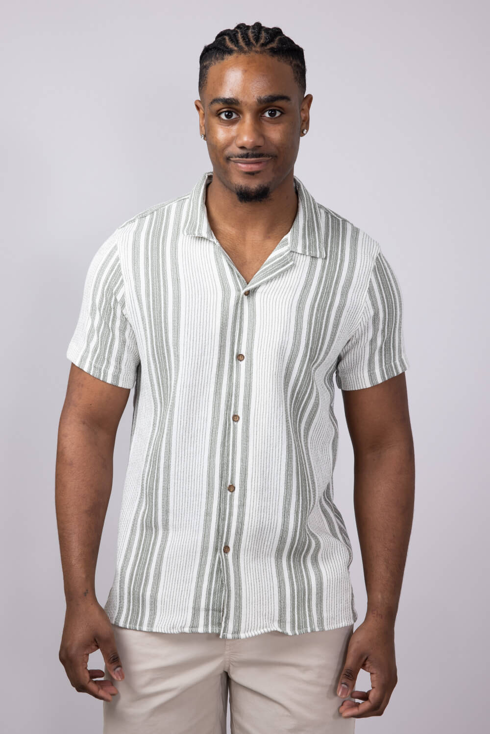 Vertical Stripe Woven Button Up Shirt for Men in Green | 6WV1510M