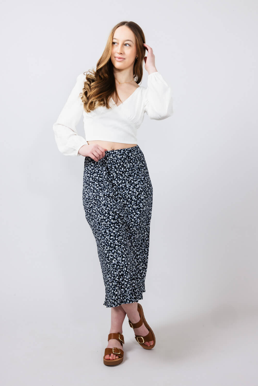 Be Cool Ditsy Floral Midi Skirt for Women in Navy | 71063-NAVY