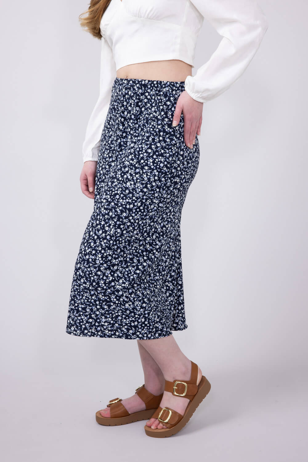 Be Cool Ditsy Floral Midi Skirt for Women in Navy | 71063-NAVY