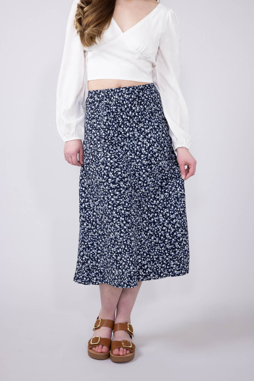 Be Cool Ditsy Floral Midi Skirt for Women in Navy | 71063-NAVY