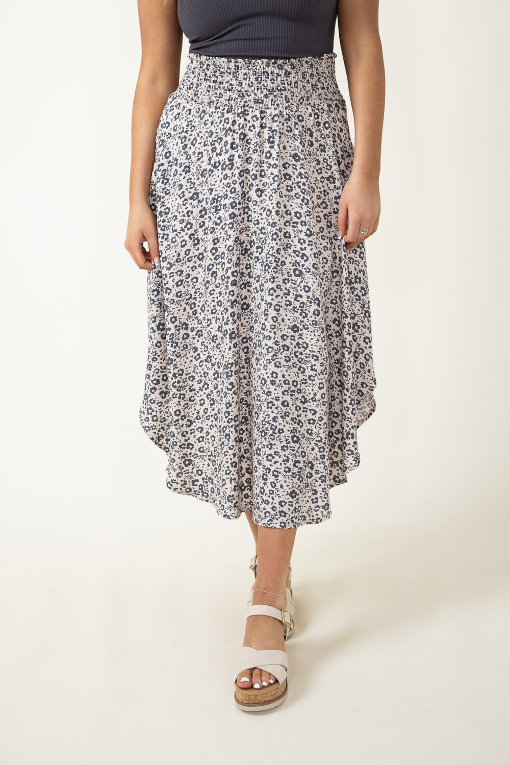 Ditsy Floral Hi-Low Midi Skirt for Women in Sand