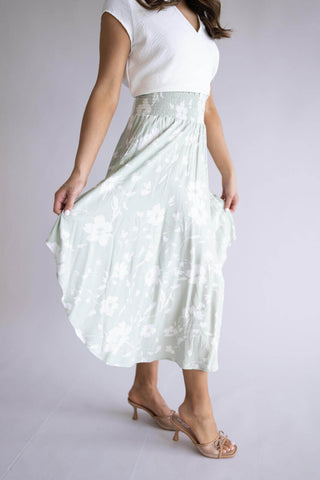 Ditsy Floral Hi-Low Midi Skirt for Women in Sage