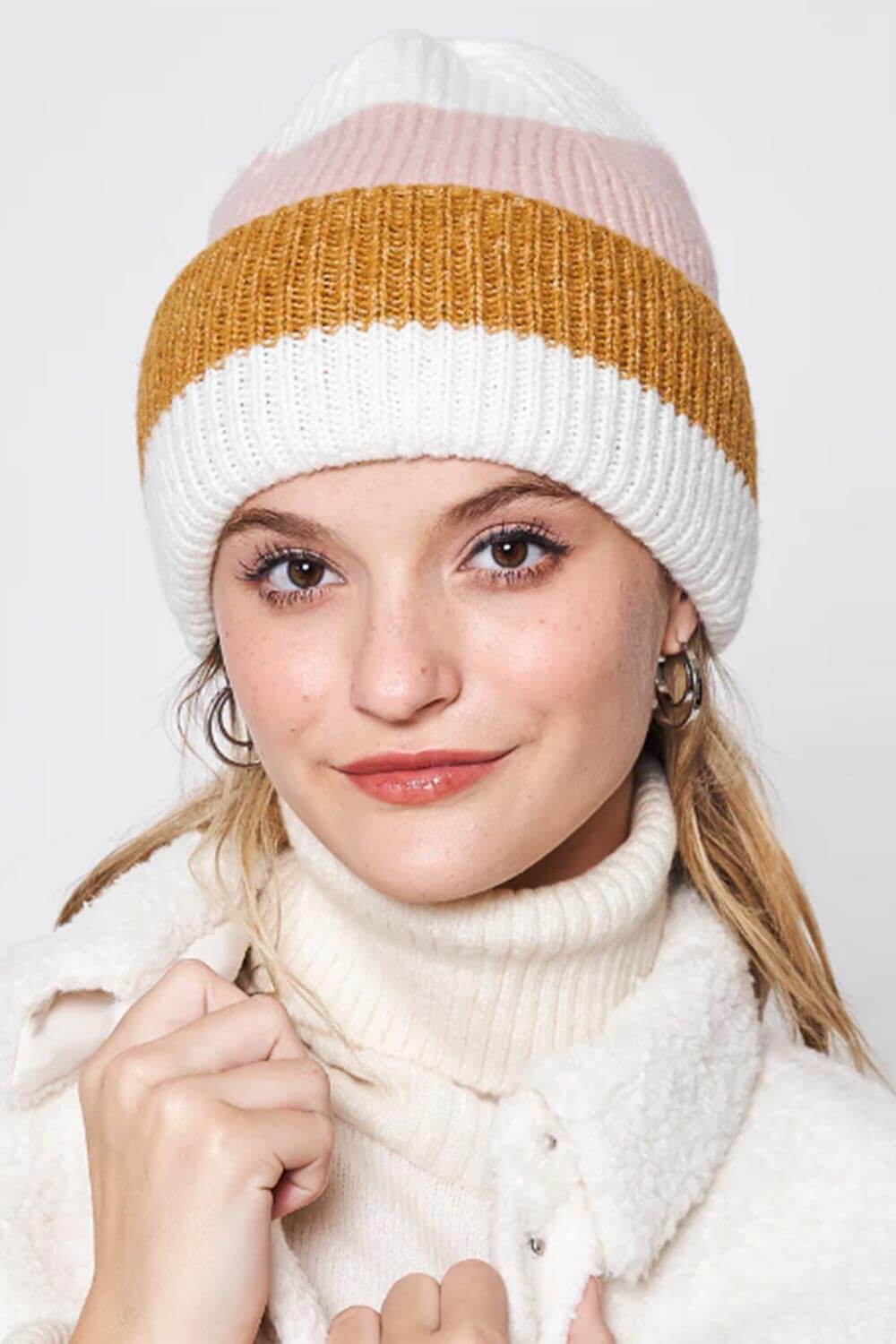 Multi Stripe Knit Beanie for Women in Ivory | HCB320039
