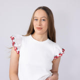 Embroidered Cherry Ruffle Sleeve Top for Women in White