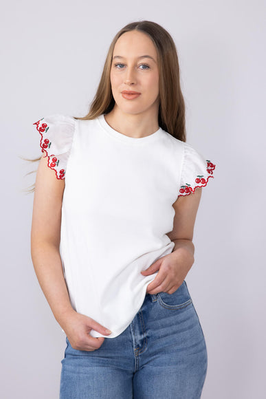 Embroidered Cherry Ruffle Sleeve Top for Women in White