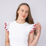 Embroidered Cherry Ruffle Sleeve Top for Women in White