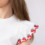 Embroidered Cherry Ruffle Sleeve Top for Women in White