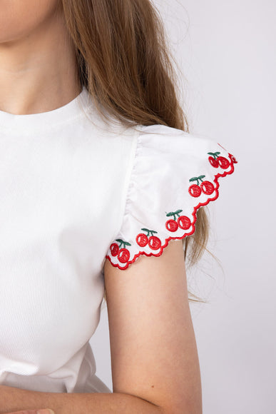 Embroidered Cherry Ruffle Sleeve Top for Women in White