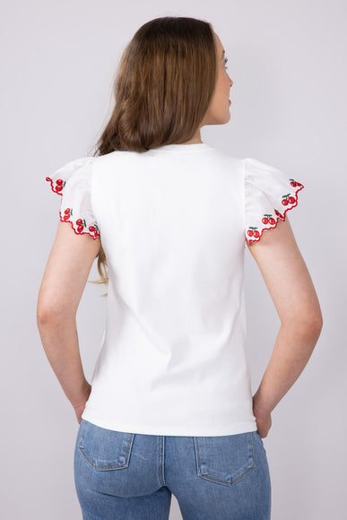 Embroidered Cherry Ruffle Sleeve Top for Women in White