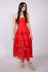 Eyelet Lace Strapless Midi Dress for Women in Red