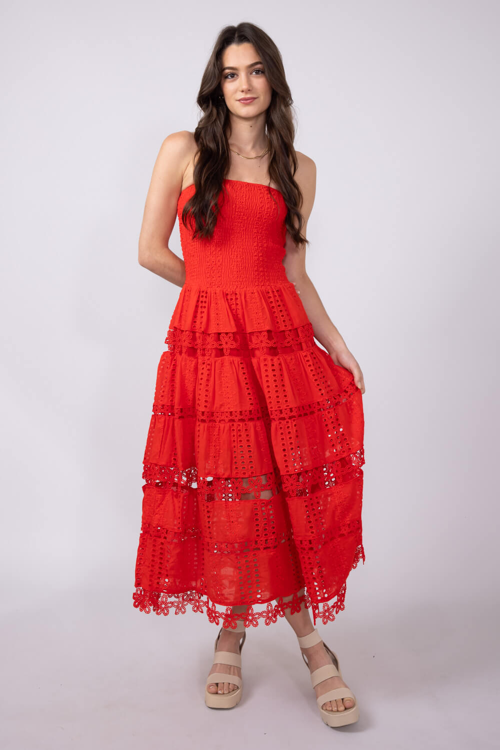 red lace midi dress Strut & Bolt Eyelet Strapless Midi Dress for Women in Red at Glik's , M