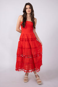 Eyelet Lace Strapless Midi Dress for Women in Red