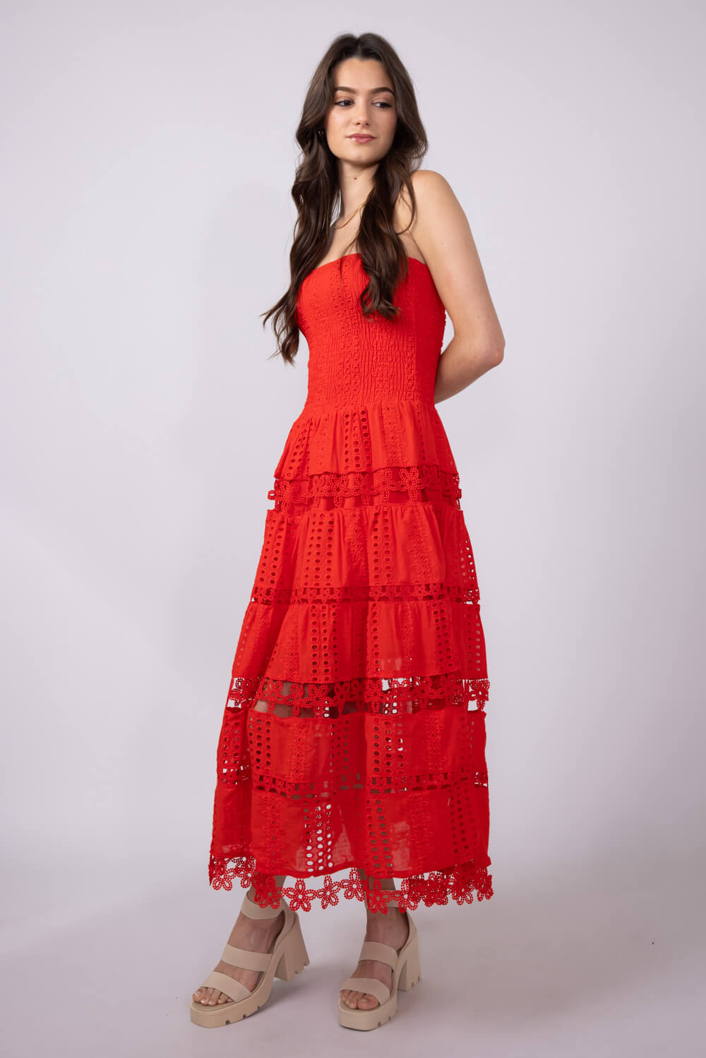 Eyelet Lace Strapless Midi Dress for Women in Red