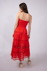 Eyelet Lace Strapless Midi Dress for Women in Red
