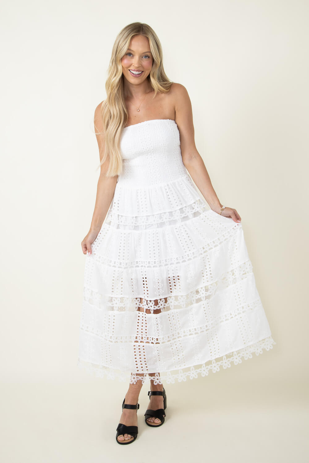 Eyelet Lace Strapless Midi Dress for Women in White D 2192 H WHT Glik s