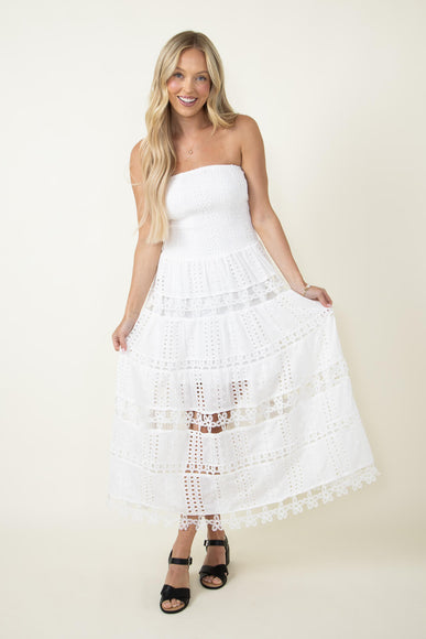 Eyelet Lace Strapless Midi Dress for Women in White | D-2192-H-WHT
