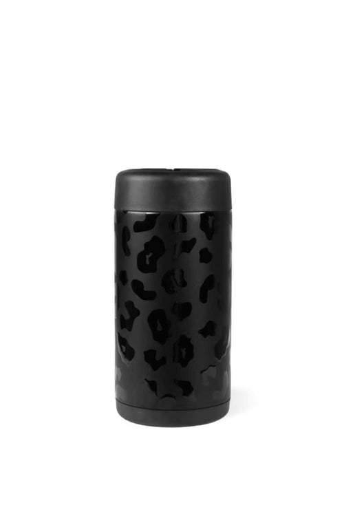 A black insulated tumbler with a leopard print pattern, shown on a plain white background.