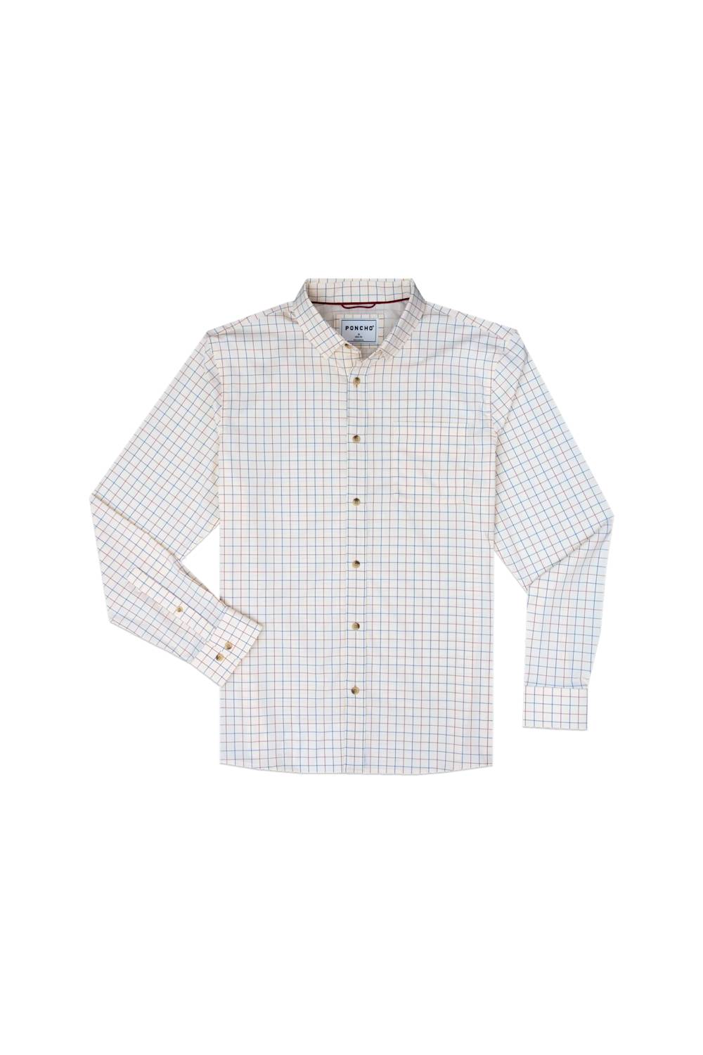 A long-sleeve button-down shirt with a fine white, blue, and red gingham check pattern, displayed flat against a solid white background.