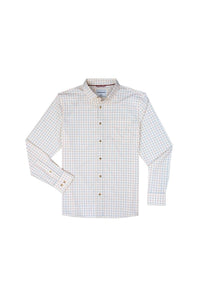 A long-sleeve button-down shirt with a fine white, blue, and red gingham check pattern, displayed flat against a solid white background.