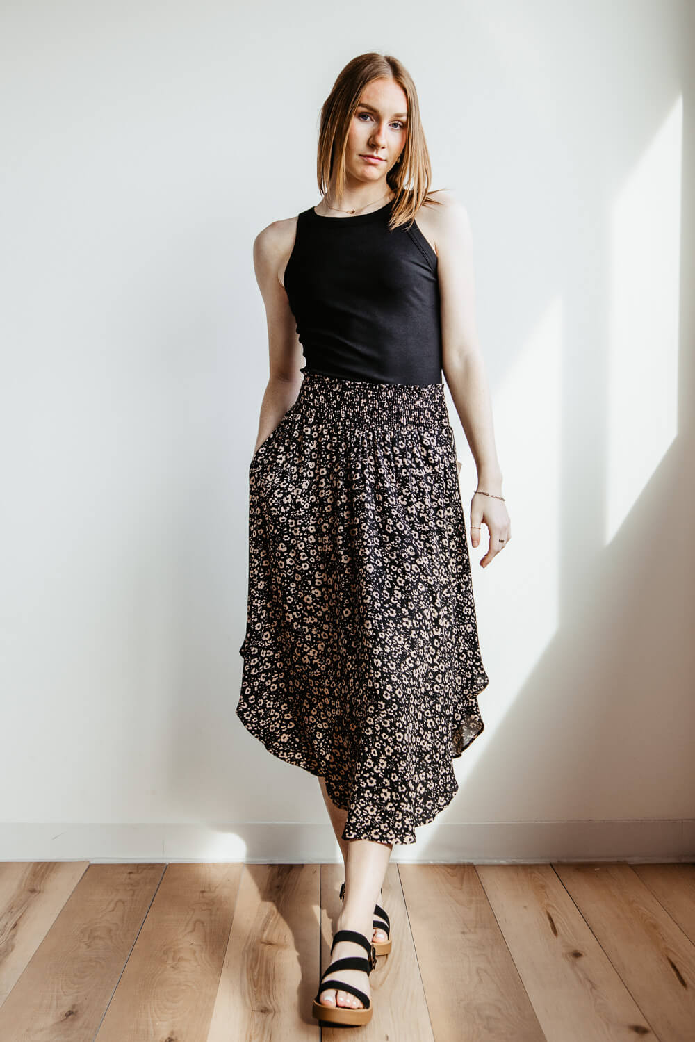 Ditsy Floral Hi-Low Midi Skirt for Women in Black