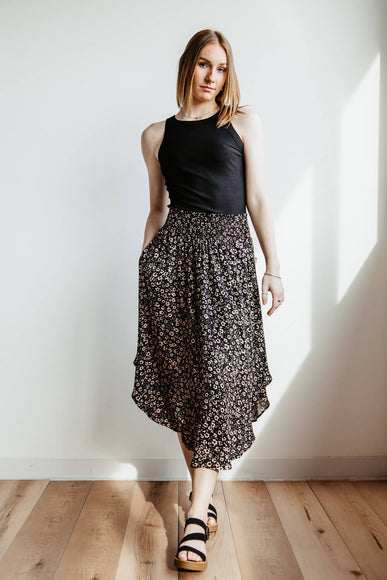 Ditsy Floral Hi-Low Midi Skirt for Women in Black