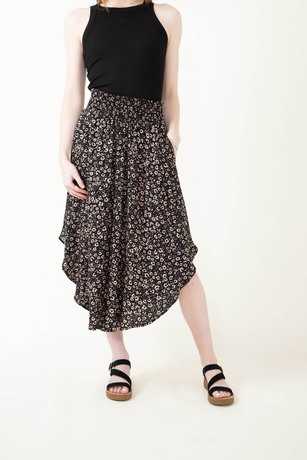 Ditsy Floral Hi-Low Midi Skirt for Women in Black